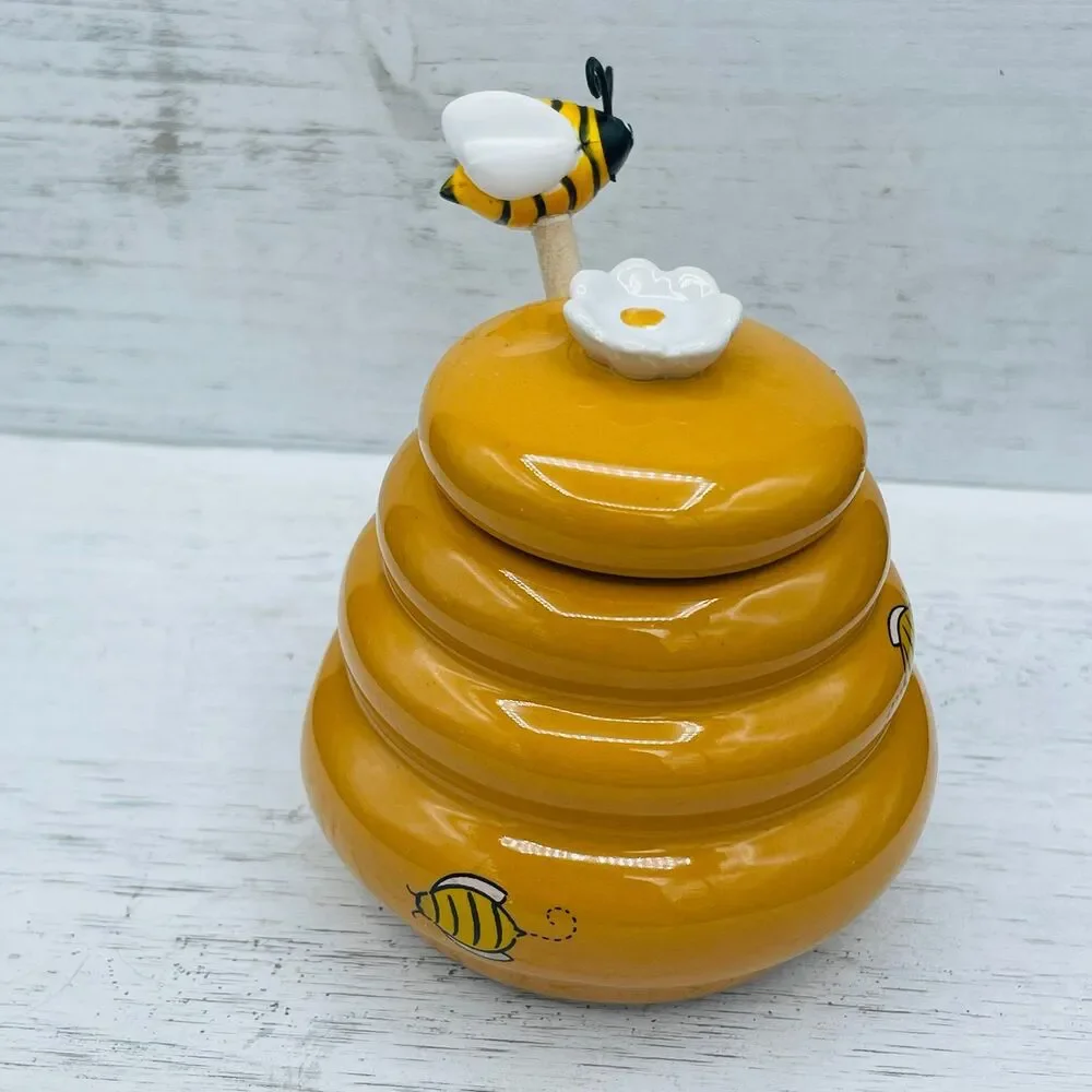 Vintage Ceramic Beehive Honey Pot Jar With Wooden Drizzler Dipper Server Set